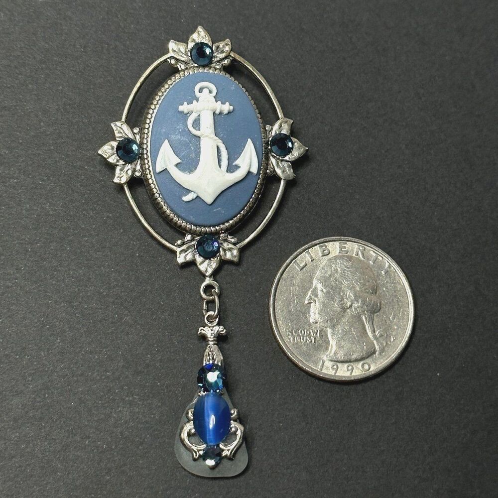 Vintage Wedgewood Style Anchor Cameo | Nautical Brooch/Pendant Pin w. Sea Glass